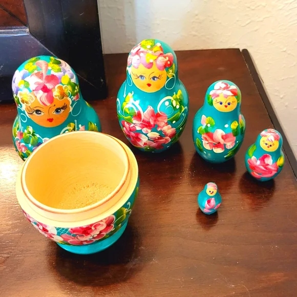 Floral Teal Nesting Dolls Set - Picture 1 of 6
